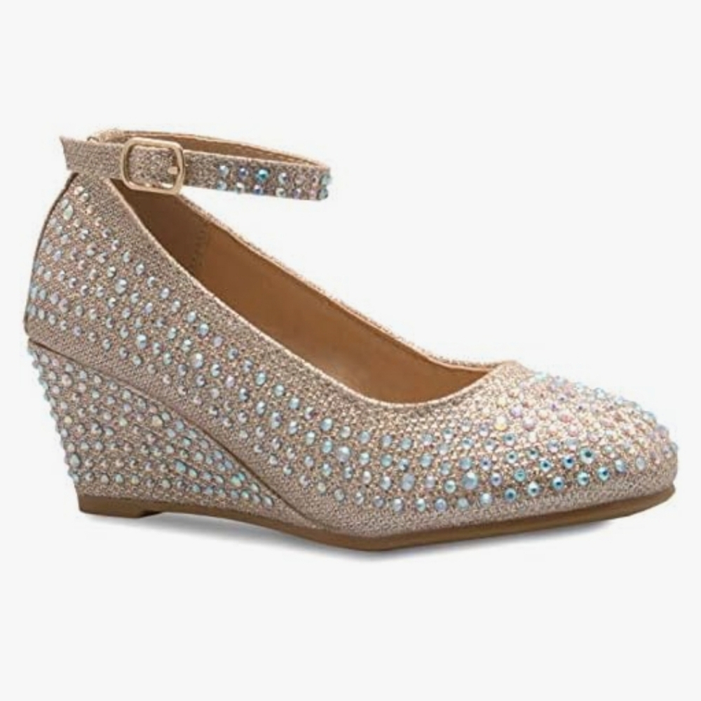 Link Girls Doris Style Rhinestone Strap Wedge Shoes ~ Gold